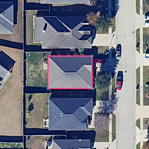 Aerial of 5200 Bluewater Dr, Frisco, TX 75036 with the roofline traced