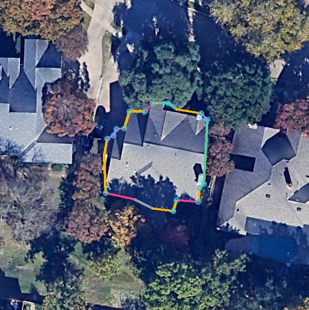 Aerial of 1209 Shady Oaks Cir, McKinney, TX 75072 with the roofline traced
