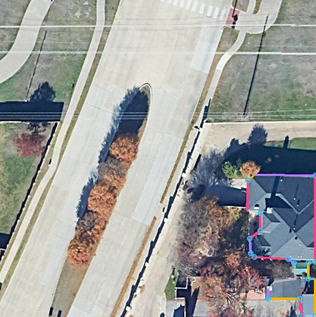 Aerial of 5600 Preston Meadow Dr, Plano, TX 75024 with the roofline traced
