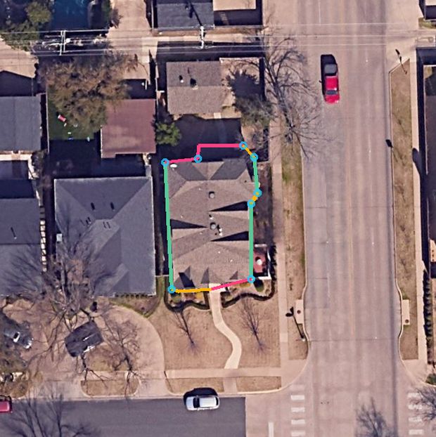 Aerial of 3400 Amherst Ave, Dallas, TX 75225 with the roofline traced